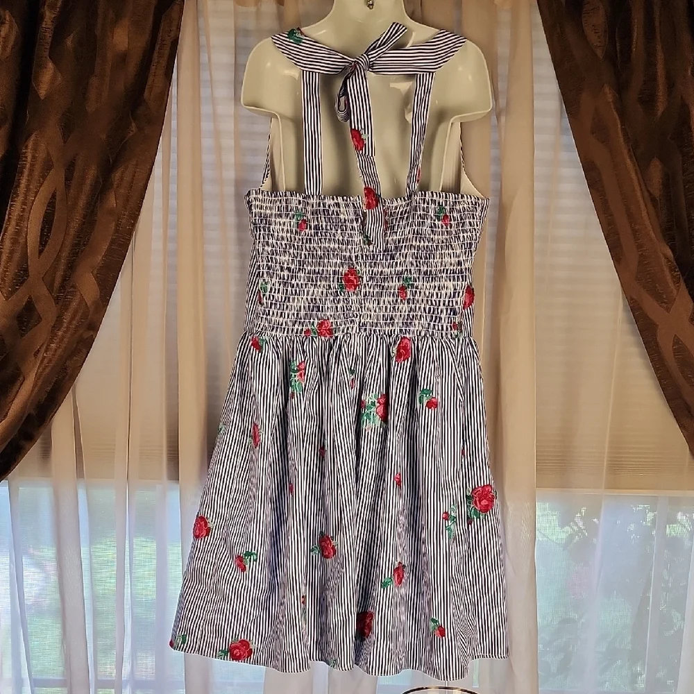 AMY BYER | Blue White Striped Easter Dress‎ Pink Floral Embroidery Accents | 16